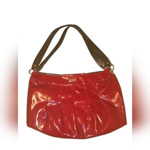 Miche faux patent leather handbag, red and bronze